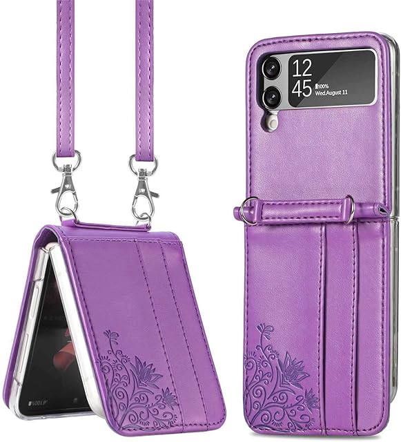 Skyhewen Samsung Galaxy Z Flip 4 5G Case, Wallet Shockproof Flip Detachable Crossbody Case PU Leather Cover with Adjustable Lanyard Straps Card Slots Cover for Samsung Galaxy Z Flip 4 5G, Purple