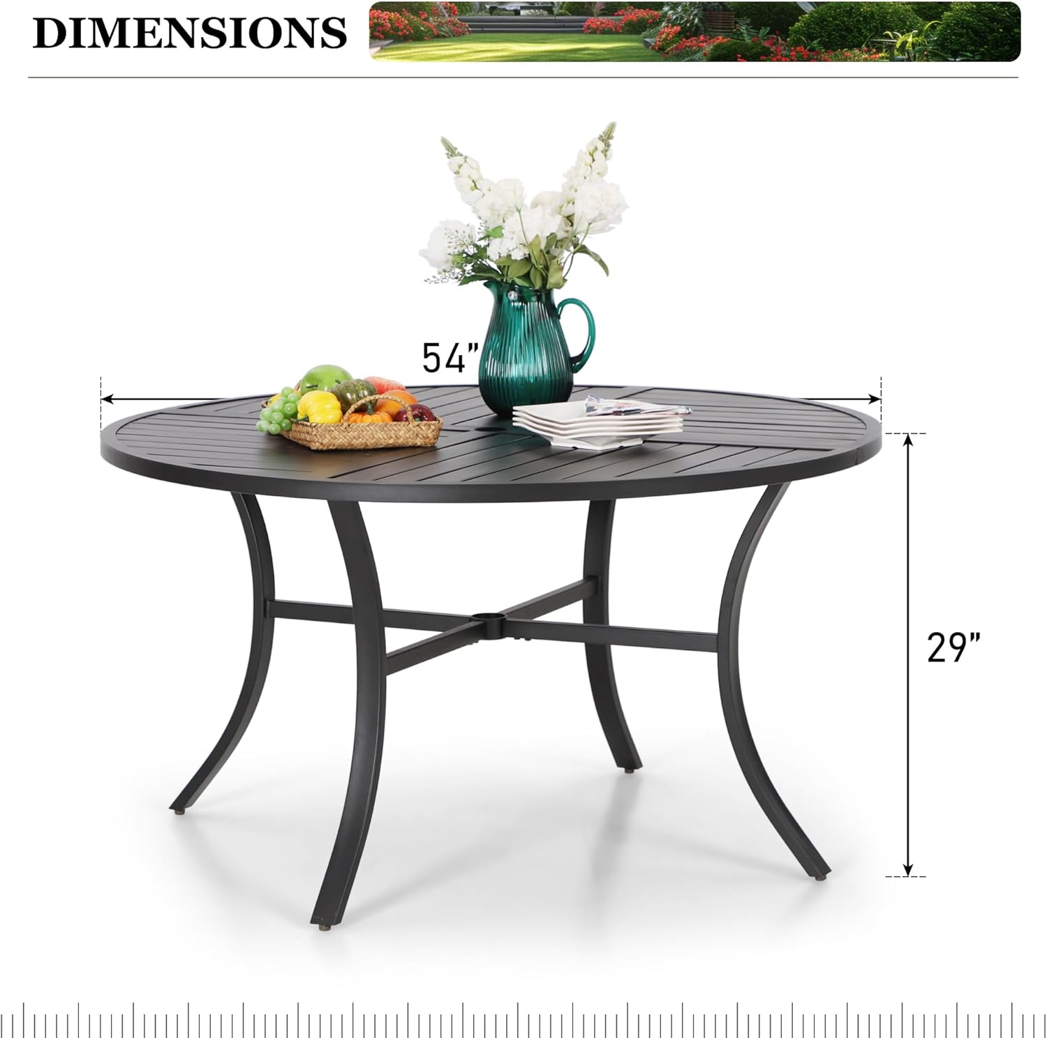 HERA'S HOUSE 54" Outdoor Patio Round Dining Table with Umbrella Hole, Metal Steel Frame for Backyard Lawn Balcony Deck, Black