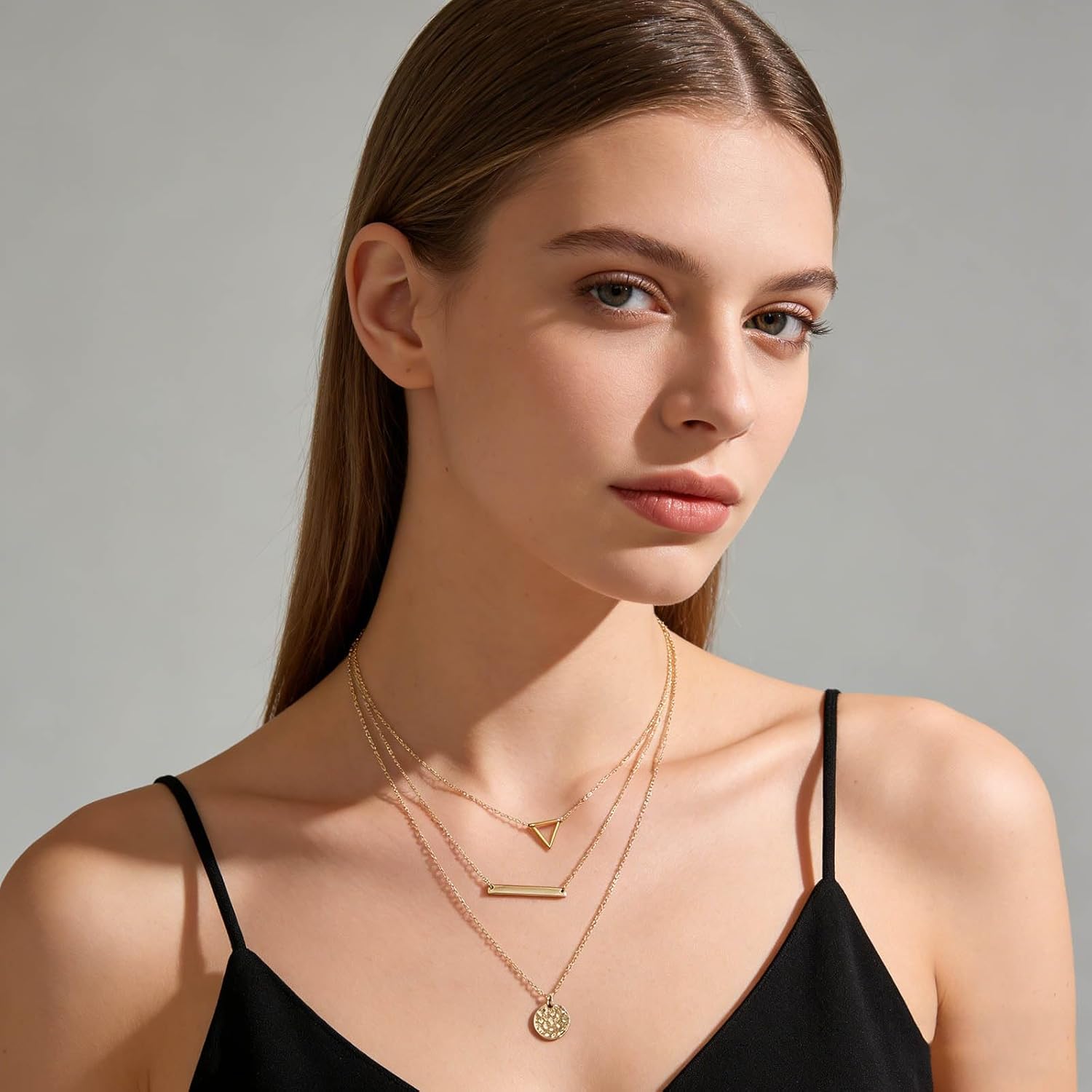 Andelaisi Layered Disc Coin Choker Necklace Gold Coin Pendant Necklace Vintage Triangle Necklace Multilayer Horizontal Bar Chain Necklace Jewelry for Women - Image 7