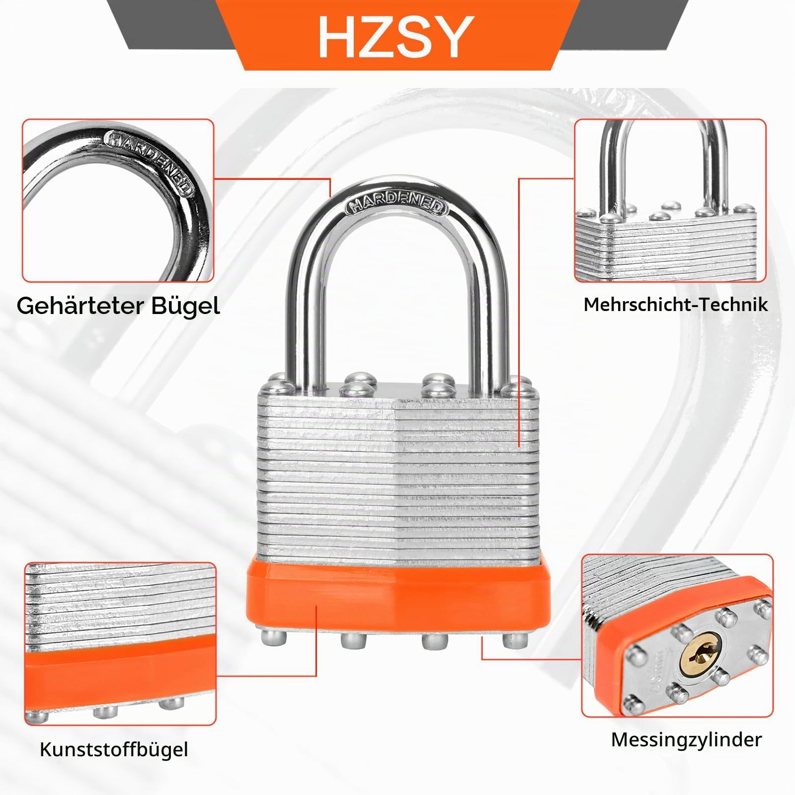 Gleichschließende Vorhängeschlösser aus laminiertem Stahl, 40 mm breit, normales Bügel-Vorhängeschloss, orangefarbener Reifen, 12 Stück, für Fitnessstudio-Schließfächer und Aufbewahrungseinheit | Vorhängeschlösser mit gleichem Schlüssel, gehärteter Bügel