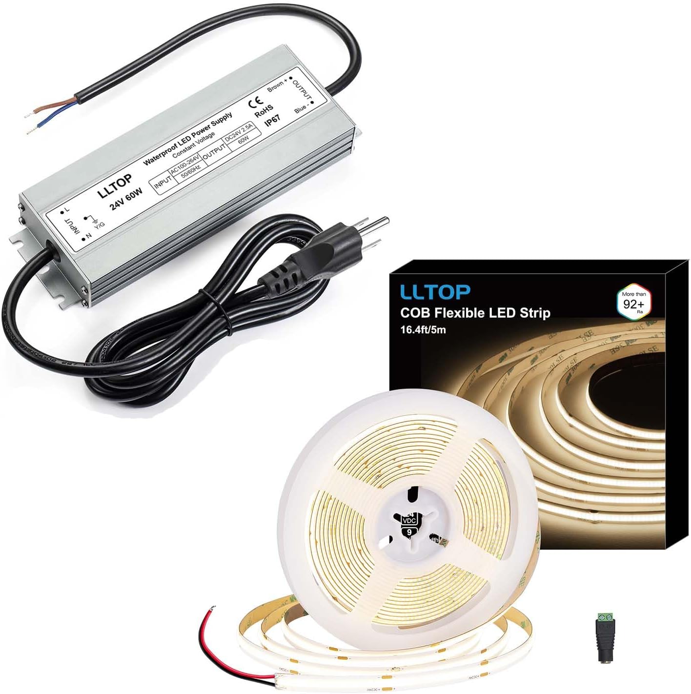 LLTOP COB LED Strip Lights 4000k Natural White 16.4ft/5m for Indoor Use with LED Driver 60w 24vdc Power Supply