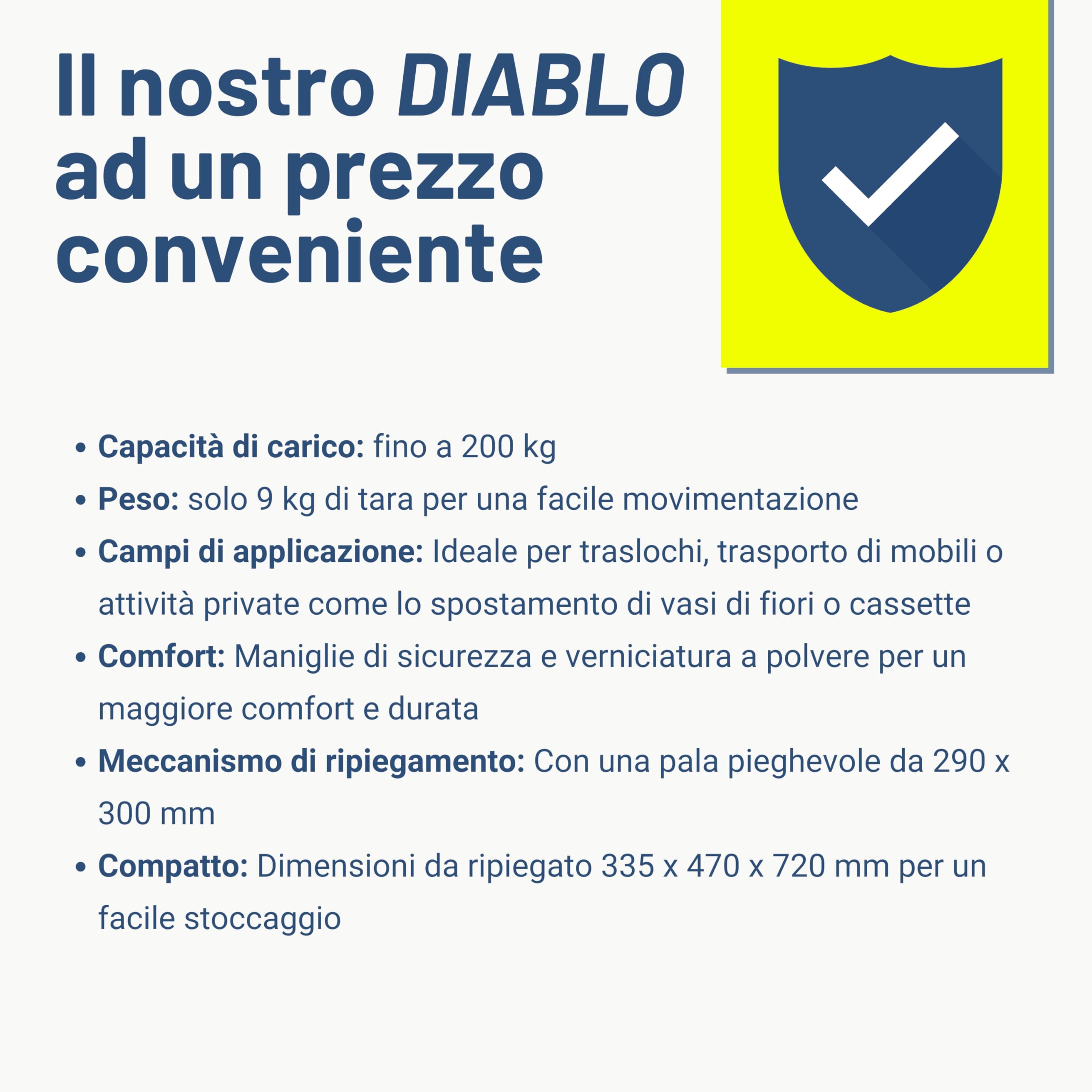 Pallit Carrello Portapacchi Pieghevole 200 kg - Struttura in Acciaio, Ruote Pneumatiche 250 mm, Impugnatura Ergonomica, Portasacchi Manuale DIABLO-F