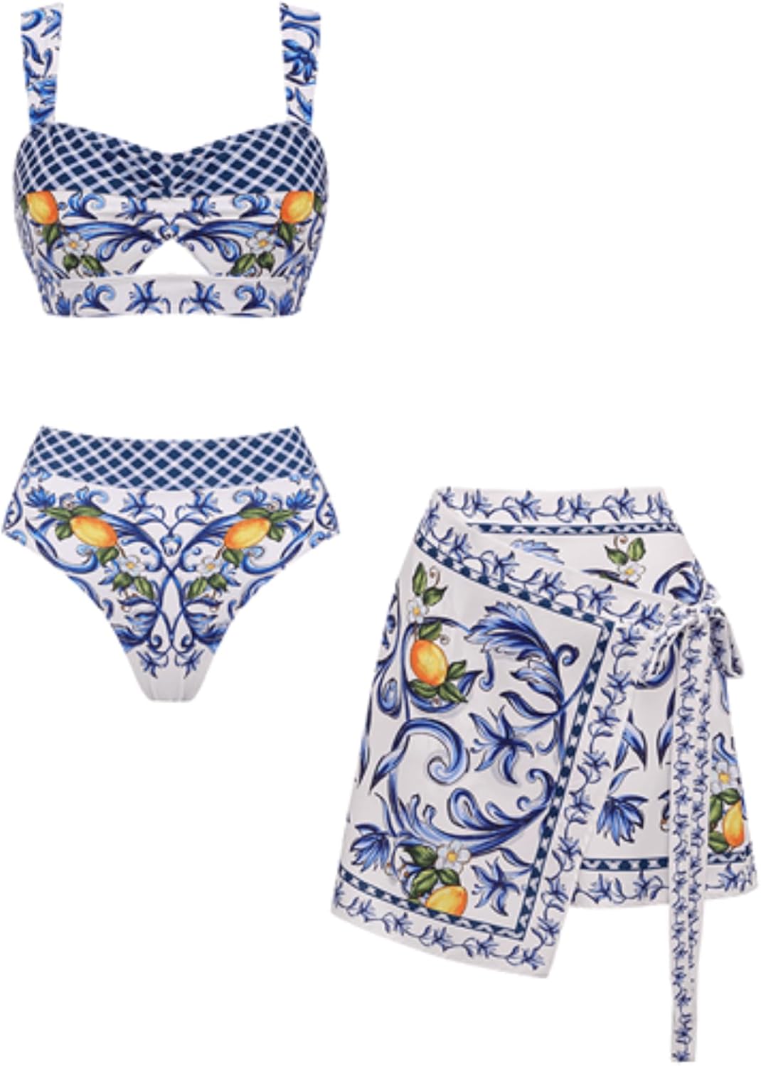 FLAXMAKER Women's High Waisted Bikini Sets Lemon Print Two Piece Modest Bathingsuit Swimsuit Skirt/Short Skirt