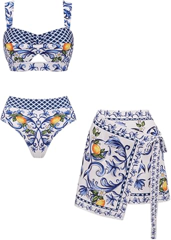 Womens High Waisted Bikini Sets Lemon Print Two Piece Modest Bathingsuit Swimsuit Skirt/Short Skirt