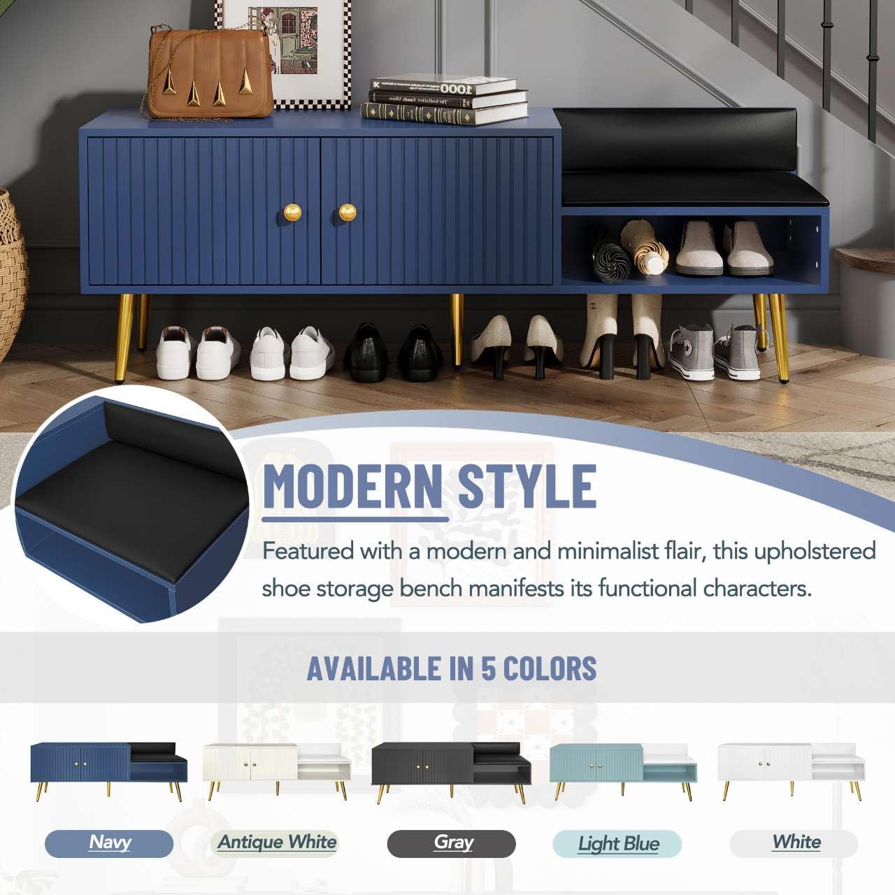 Navy Upholstered Shoe Storage Bench with Gold Accents and Cabinet
