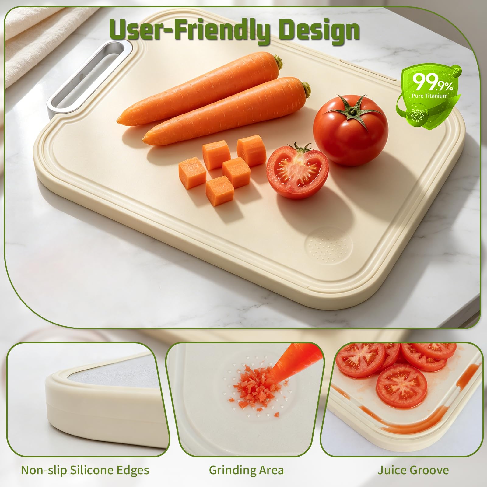 2 en 1 Tabla de Cortar de Titanio + Madera,Tabla de Cortar Antibacteriana y Resistente,Tablero de Corte con Ranura para Jugos y Borde,Ideal para Carne,Frutas,Verduras o Amasar (Titanio + PP)