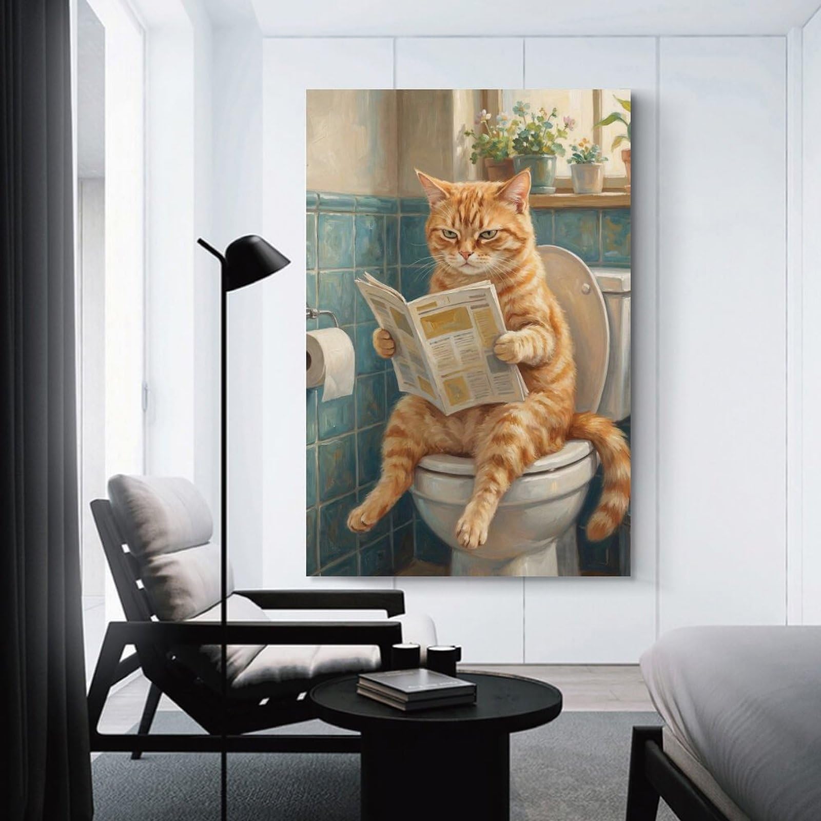 Junmoney Unframe-Style-4 Cat Reading Newspaper On Toilet Poster, Picture, Metal Print, Paint By Mikazuki Canvas Wall Decor, 20X30inch(50X75cm), For Flats, Guest Rooms Or Compact Rooms, Decorative Canvas Decor For Home Updates