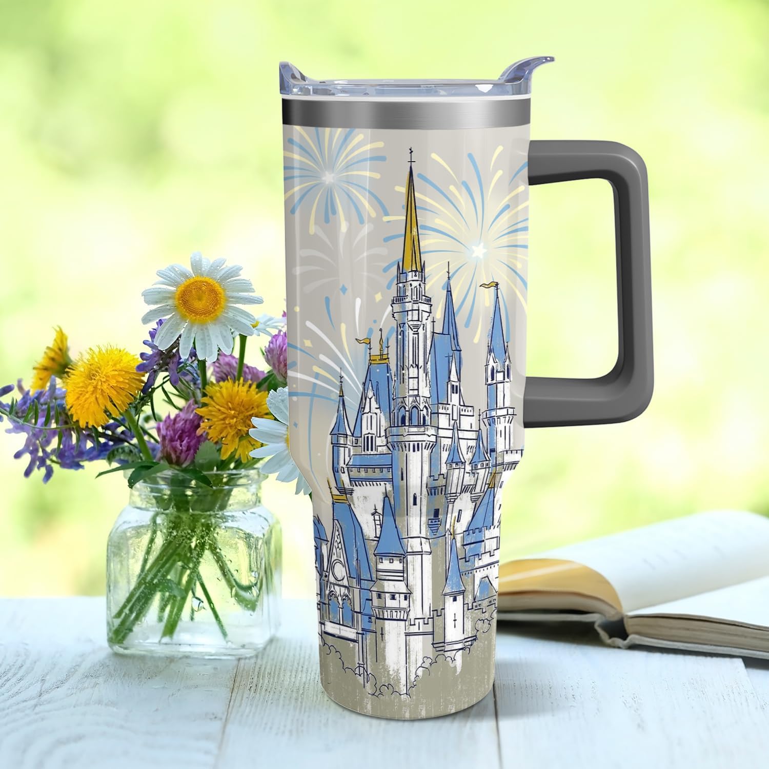40oz Cartoon Blue Castle Theme Tumbler | with Handle and Lid and Straw | Firework Travel Coffee Mug -Birthday,Christmas Gift - Image 6