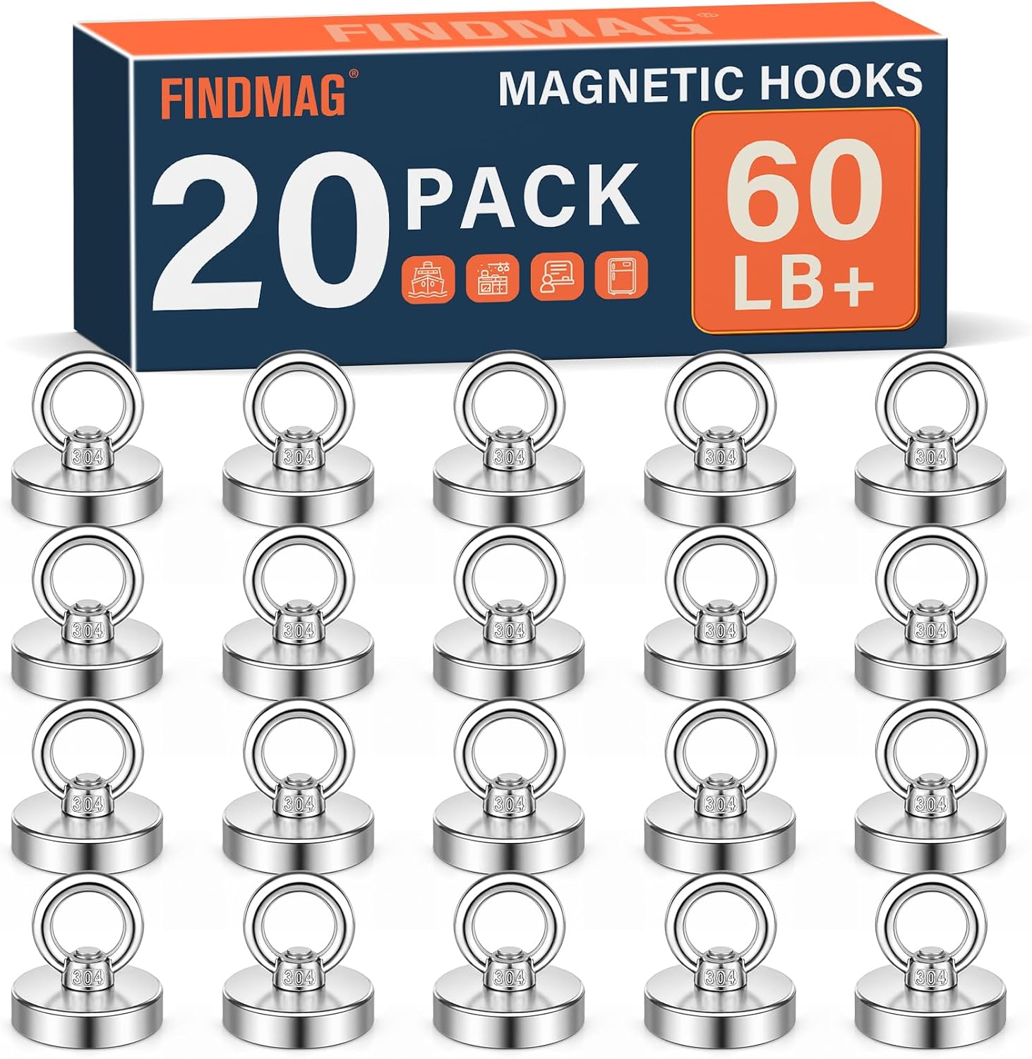 FINDMAG 20 Pack Silver Magnetic Hooks, Heavy Duty Magnets Strong, 60LB