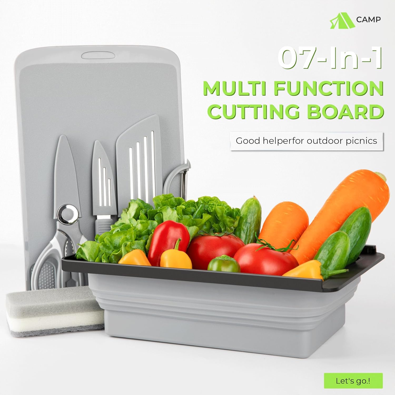 Camping Cutting Board Set - 7-in-1 Portable Foldable Chopping Board with Knife, Vegetable Washing Basket, Kitchen Essentials for Camping, RV, Picnic, Travel & Outdoor Cooking - Image 2