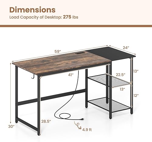 Miniatura 3 de Tangkula Escritorio para computadora de 59 pulgadas con estación de carga, escritorio de oficina en casa con gancho y estantes de almacenamiento de