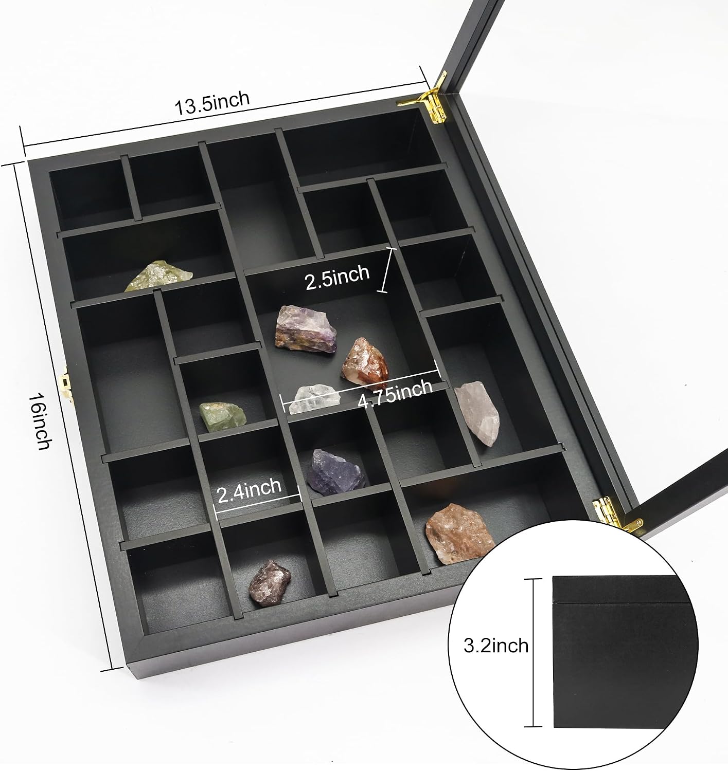 FramePro Rock Display Case - Adjustable Mineral Collection Box with Glass Lid, Wooden Cabinet for Rock, Fossil, Crystal, Seashell Collections - Geology Gift for Adults/Kids (16" x 13.5", Black)