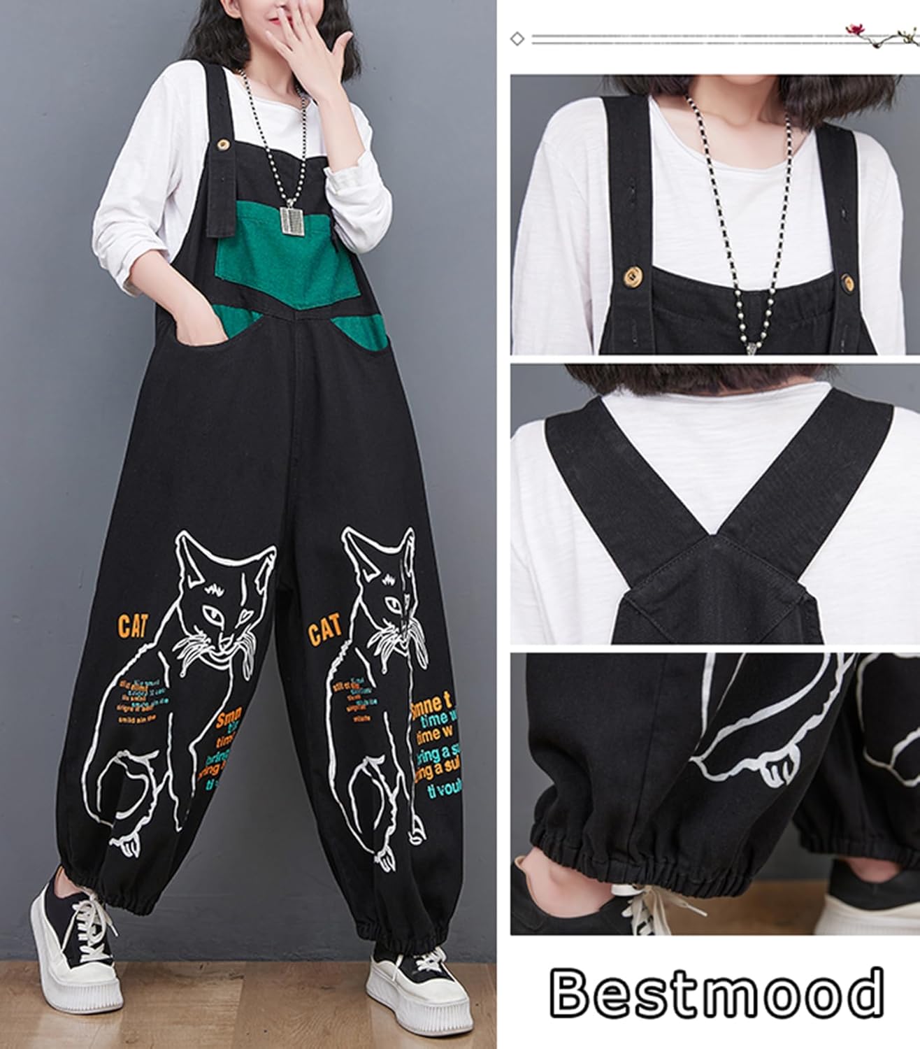 [Ｂｅｓｔｍｏｏｄ] サロペット 猫柄 レディース オールインワン デニムパンツ つなぎ ゆったり ジーンズ ロングパンツ オーバー
