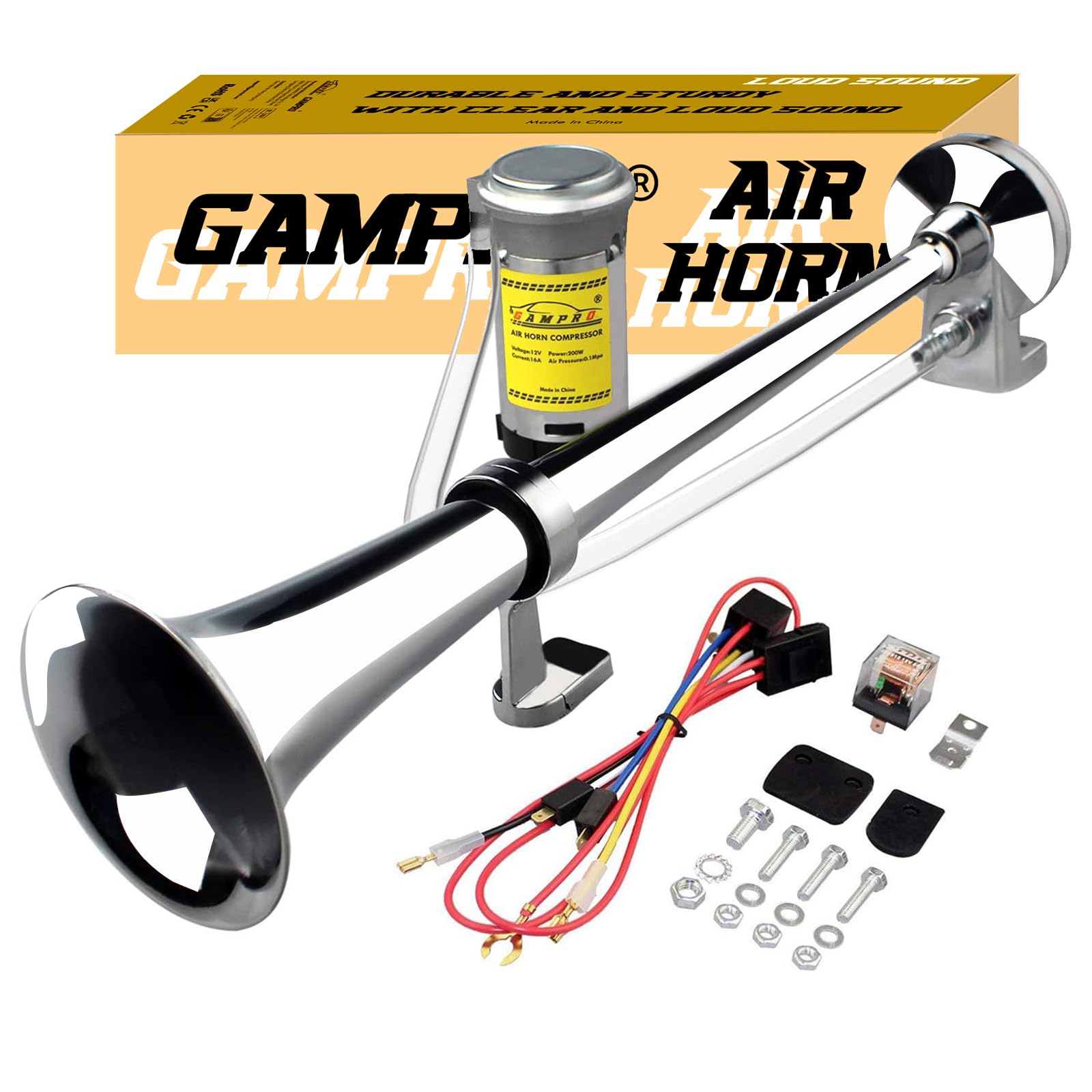 GAMPRO 12V 150dB Air Horn Kit, 18Inch Chrome Zinc Single Trumpet Truck Horn with Compressor for Car Truck SUV Boat RV(Silver)
