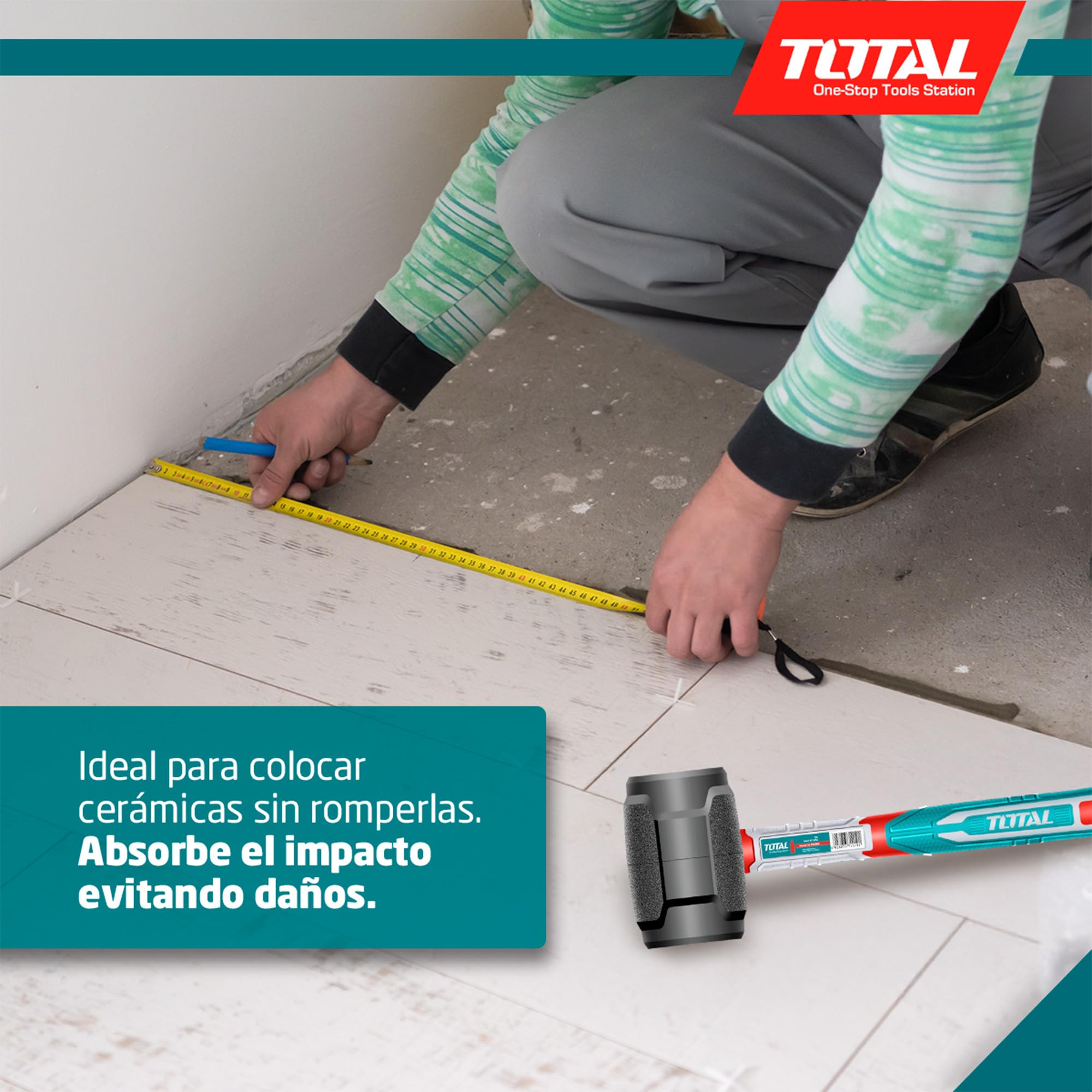 TOTAL - Mazza in Gomma - 450 g - Per Piastrellatura, Livellamento e Assemblaggio - Colpisce Senza Danneggiare la Superficie - Manico Antiscivolo in Fibra Trimateriale - Testa in Gomma Nera