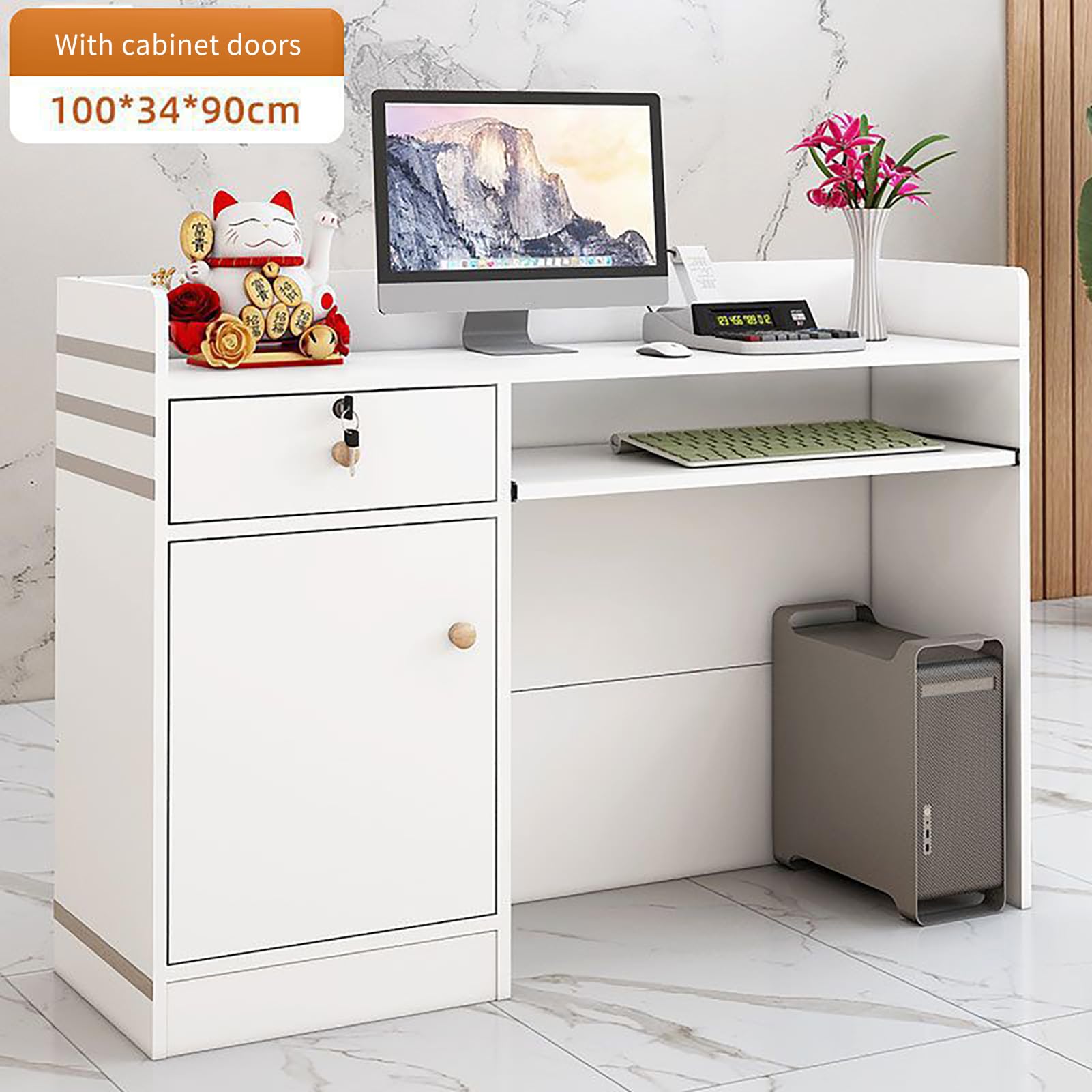 Scrivania moderna per reception con cassetti e spazio di archiviazione, piccola scrivania per ufficio, atrio, negozio, banco cassa per studio o azienda