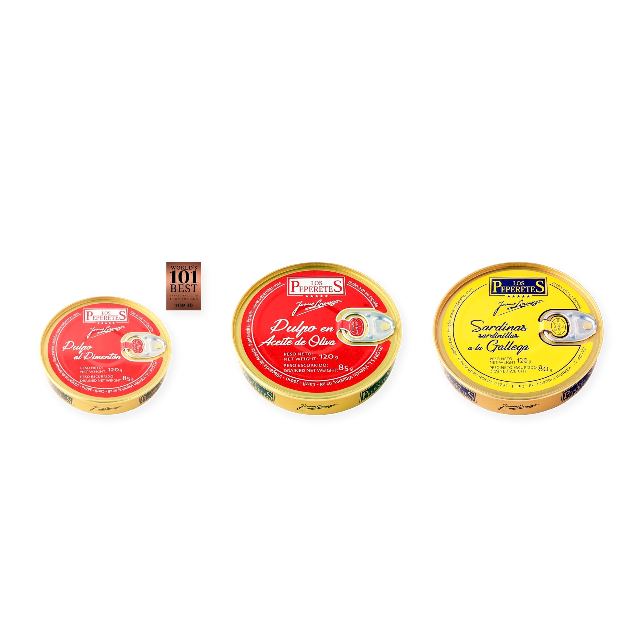 los peperetes conservas Pulpo Pimentón, Pulpo Aceite Oliva y Sardinillas Gallega pack 3 latas