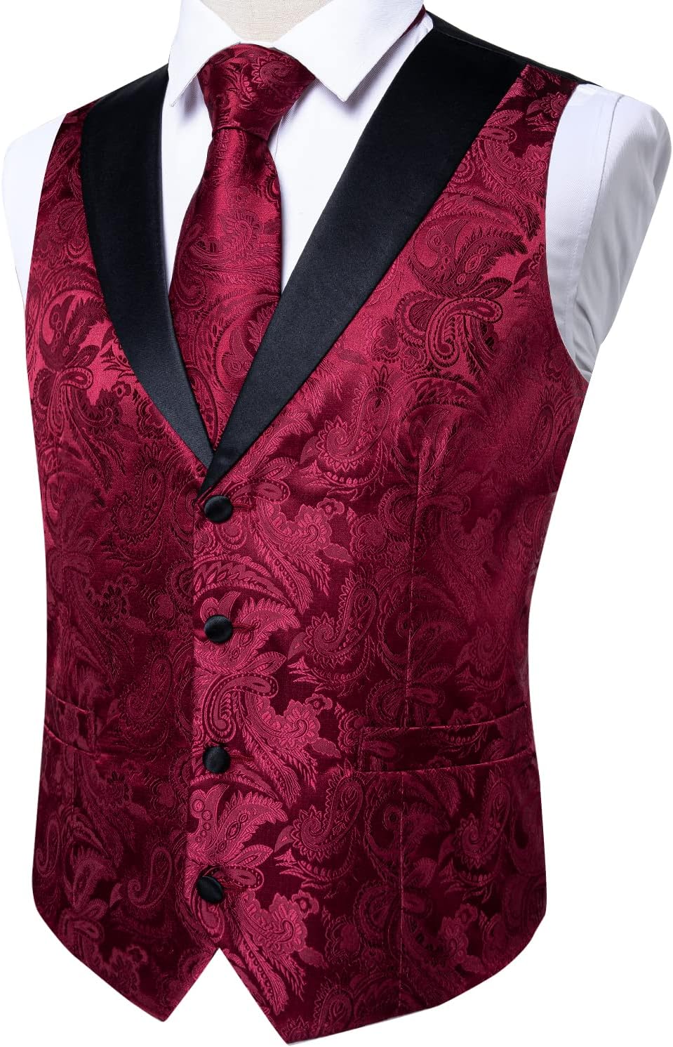 DiBanGu Mens Paisley Vest Silk Sleeveless Suit Vest and Neck Tie Pocket Square Cufflinks Set for Wedding Formal