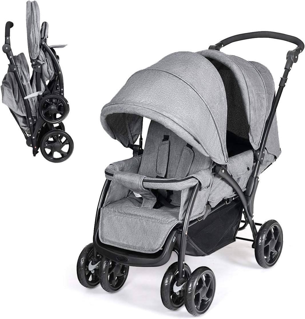 DREAMADE Poussette Double Pliable à 4 Roues avec Freins, Landau pour Bébé avec Ceinture de Sécurité à Cinq Points, Capotes et Pédales Réglables, Charge totale 30kg, Gris