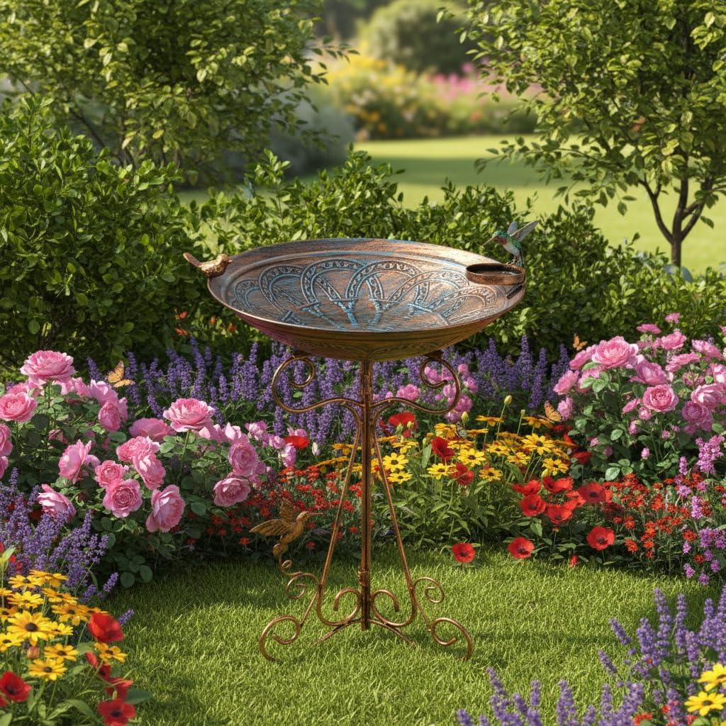 Bird Bath Large Bird Bath for Outside,Garden Bird Baths for Outdoors with Metal Pedestal Birdbath Vintage Bird Feeder Birdbaths Bowl with Folding Bracket