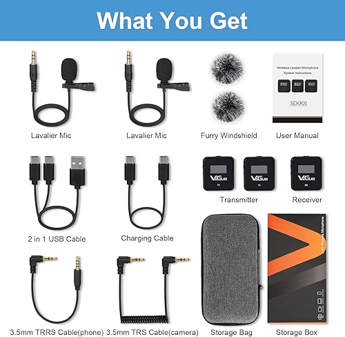 Miniatura 8 de VeGue Sistema de micrófono inalámbrico Lavalier, micrófono de solapa inalámbrico de doble canal de 2.4 GHz con cancelación de ruido para cámaras