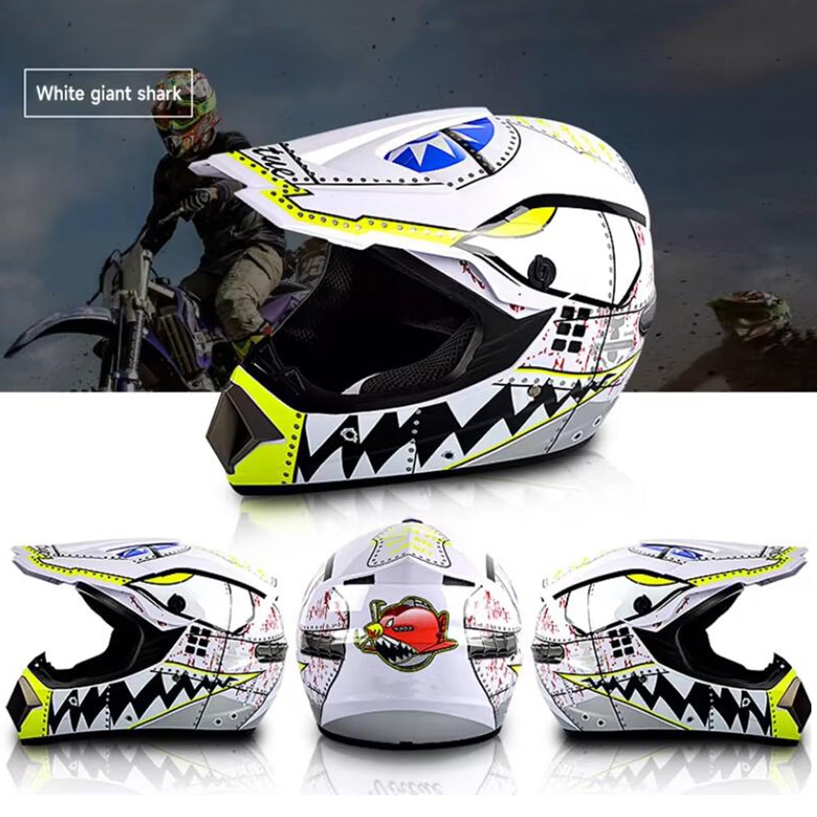Casco de moto infantil, cruz para niño, con guantes, máscaras, gafas, para BMX MTB Quad Enduro ATV Scooter, ECE Standard(M(54 ~ 55 cm))