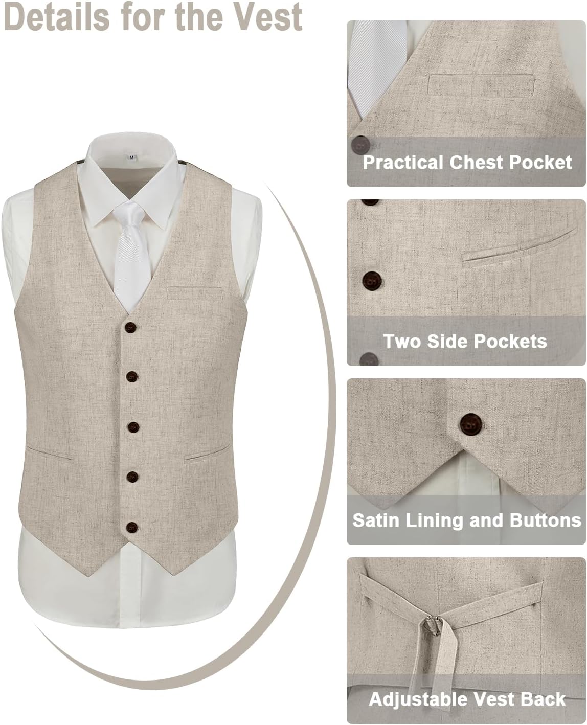 Men's Suit Linen 2 Piece Vests Short Pants Suits for Men Casual Summer Beach Groomsmen Wedding Waistcoat Set Outfit - Image 3