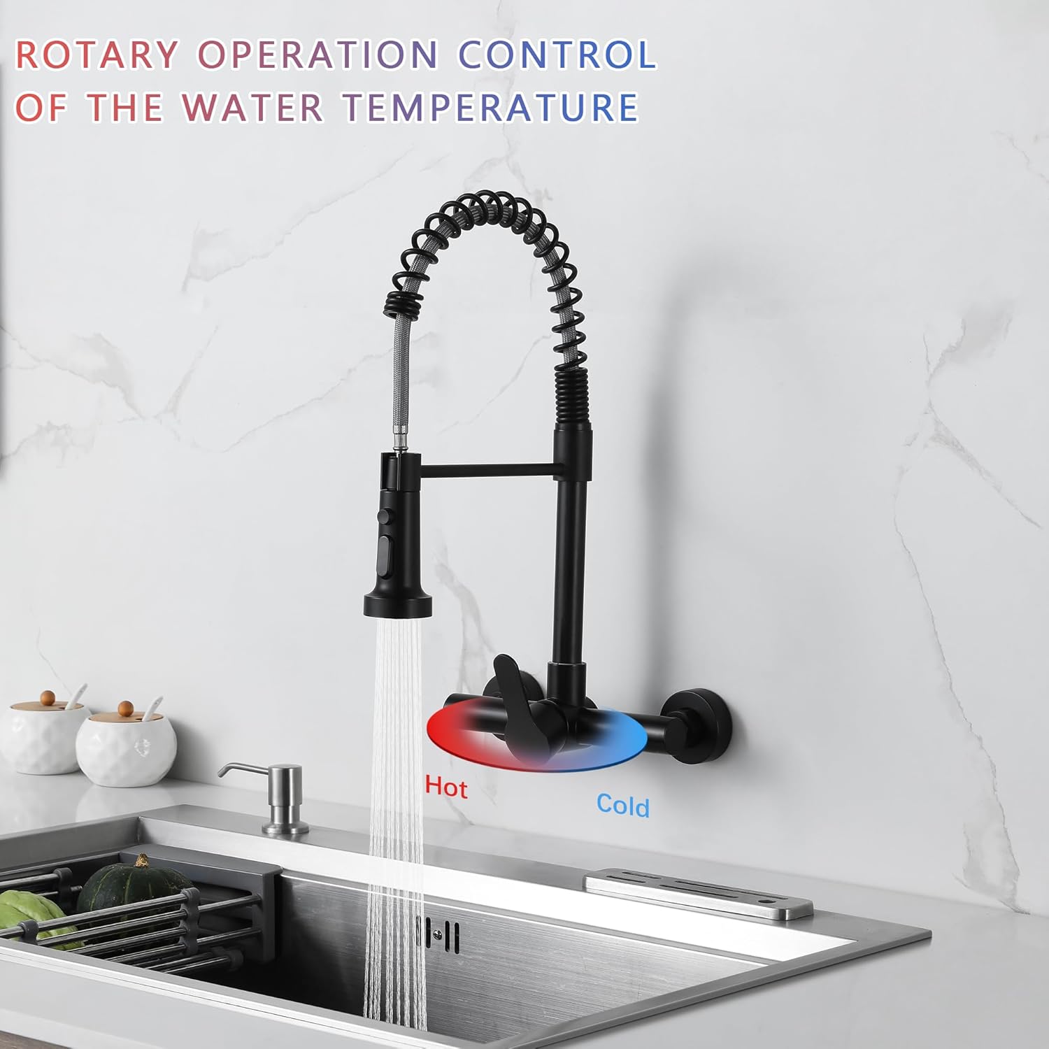 LIWEIKE Wall Mount Kitchen Faucets, Wall Mounted Faucet 8 Inch Center Wall Mount Kitchen Faucet with Sprayer, Matte Black