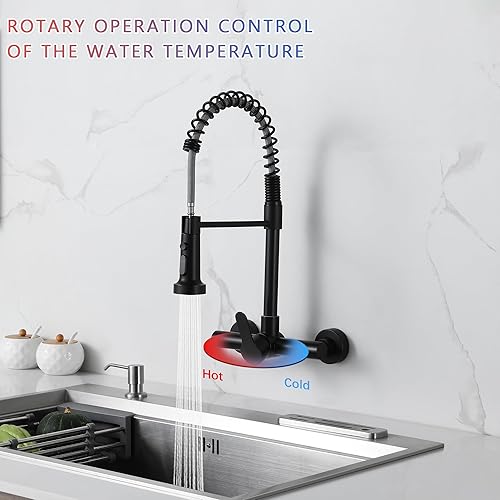 Miniatura 3 de LIWEIKE Grifo de cocina negro montado en la pared, grifo de cocina de pared con rociador desplegable de 8 pulgadas, montaje en pared, grifo de