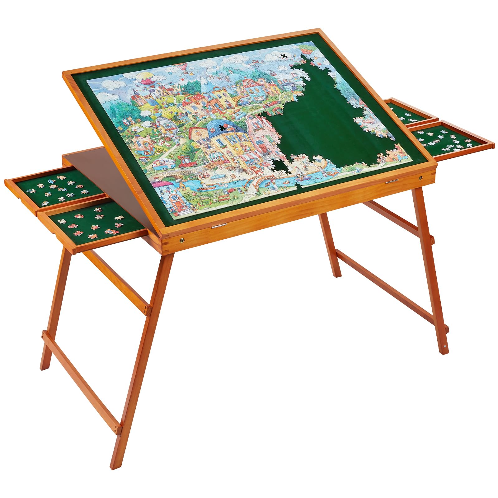 1500 Piece Wooden Jigsaw Puzzle Table with Drawers and Cover, Adjustable Puzzle Board with Foldable Legs, Portable Tilted Puzzle Easel for Adults, Velvet-Lined Tabletop and Drawers, Heavy Duty