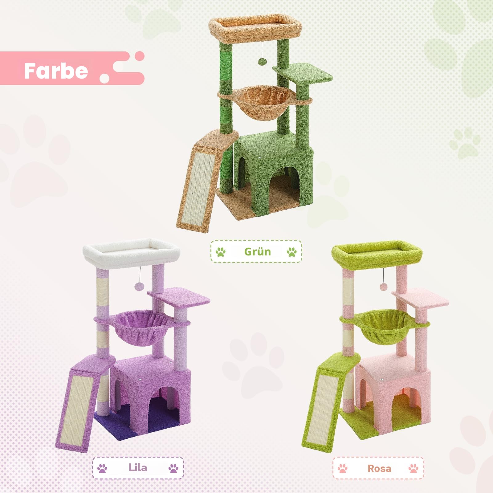 PAWZ Road Kaktus-Katzenbaum für Hauskatzen mit super großer Höhle, 1 Sisalbrett, 3 Kratzstämme, mit großer Hängematte und Sitzstange, 90 cm, Rosa