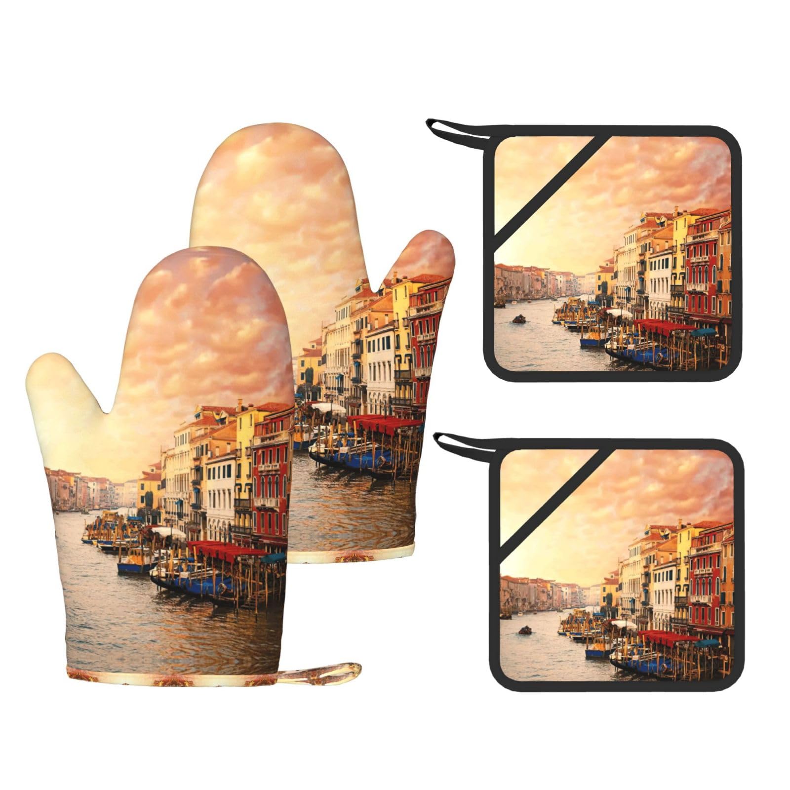 Beautiful Venice Canal View Printed Oven Mitts and Pot Holders Set of 4, Heat Resistant Silicone Gloves for Baking Grilling