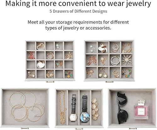 Miniatura 2 de V-LAFUYLIFE Joyero grande, organizador de joyas con 5 cajones, cajas de joyería de 6 niveles, organizador de joyas con espejo, cajas de joyería