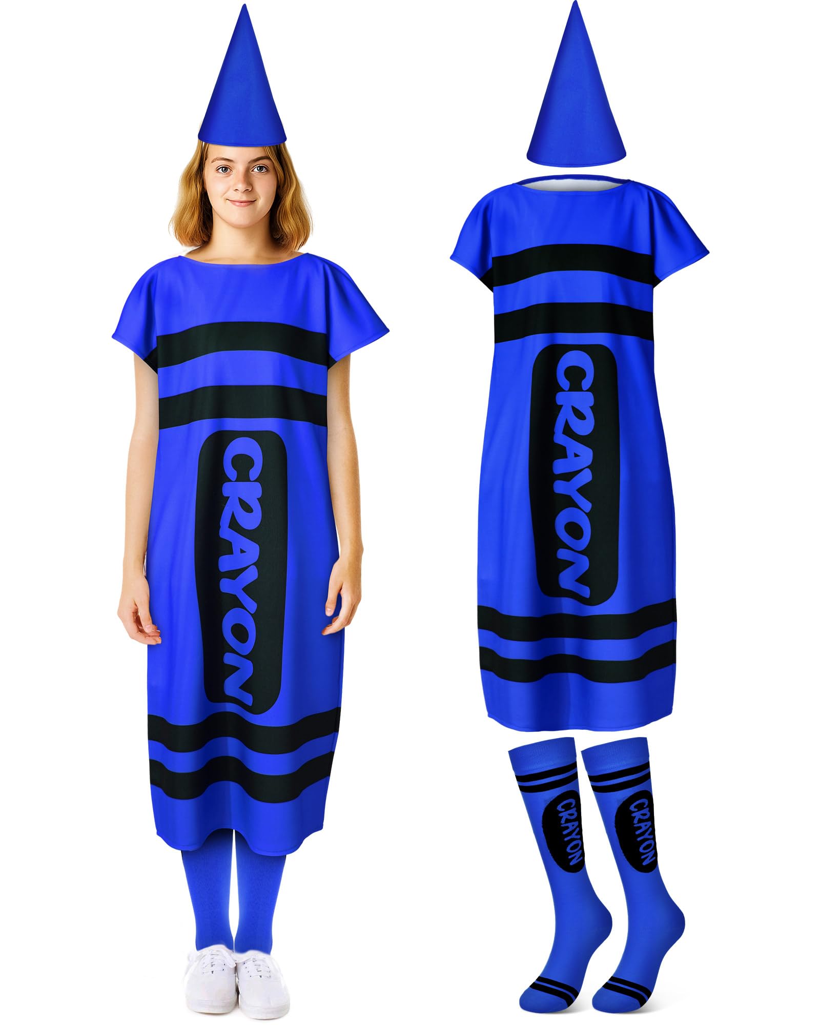 Mepase 4 Pcs Halloween Crayon Costume for Adults, Halloween Crayon Fancy Dress Cone Dwarf Cap Stockings for Cosplay(Blue,Medium)