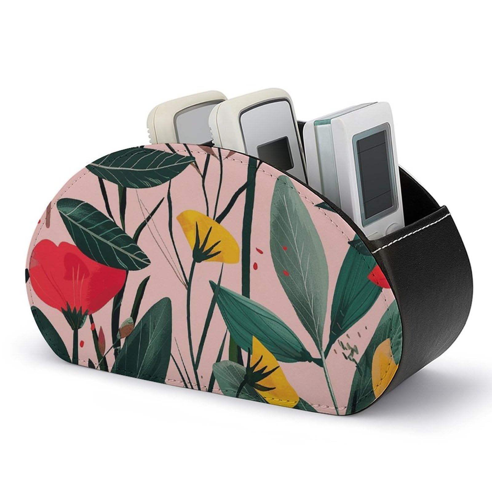 NTVOWPZO Peach with Flowers Remote Control Holder with 5 Compartment Organizer Box, Leather TV Remote Holder Organizer Caddy for Table, PU Leather Remote Box for Nightstand Office Desk Storage Box