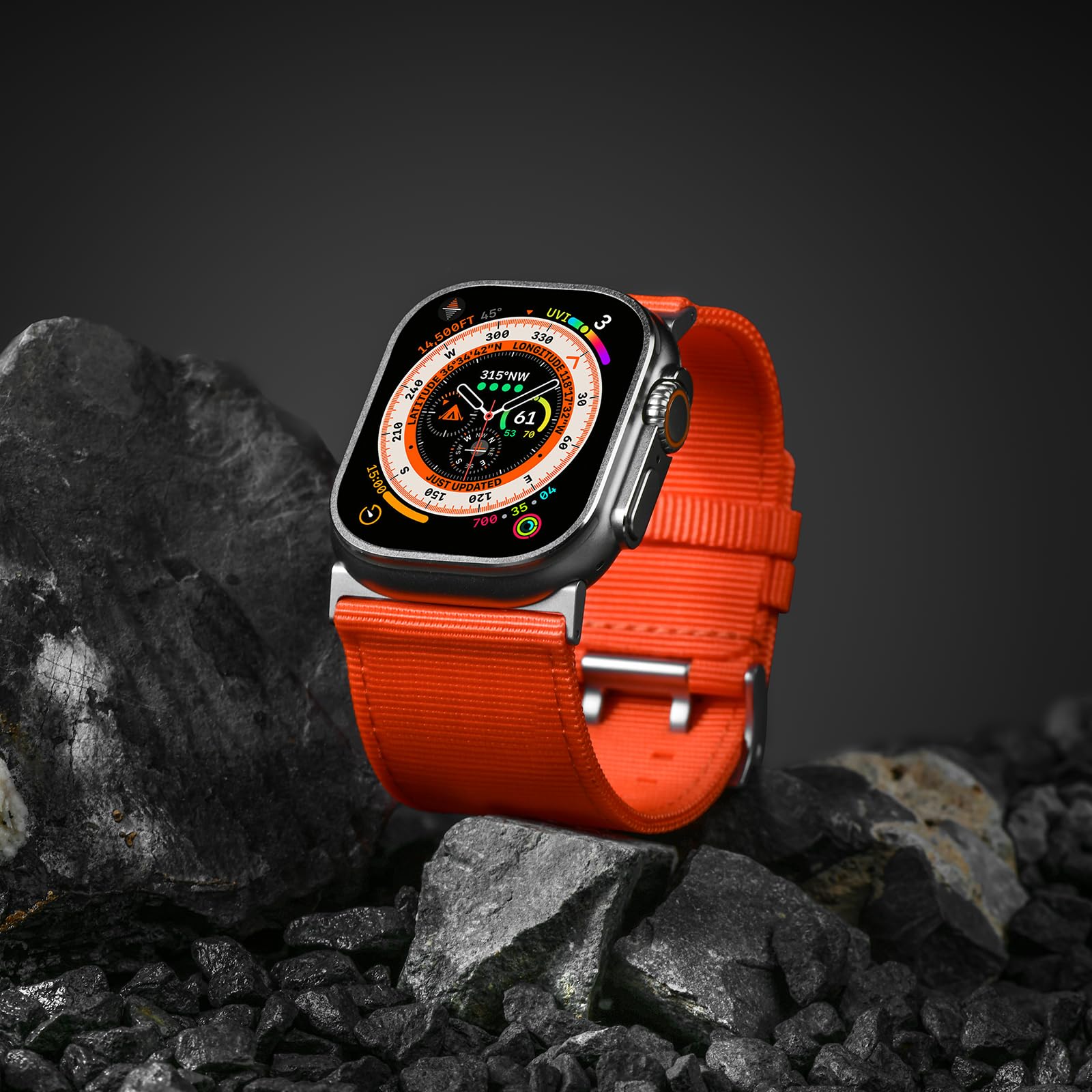 Tefeca Dual Series Bracelet de montre de rechange compatible avec Apple Watch/Apple Watch Ultra (nylon orange avec adaptateurs argentés)