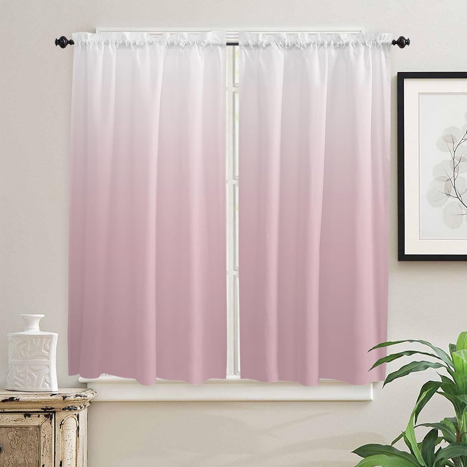 Cream White Pink Ombre Kitchen Curtains 54 Inches Long, Gradient Pink White Rod Pocket Window Curtains Panels for Bedroom/Bathroom/Nursery, Light Filtering Treatment Curtains Drapes 104''x54''