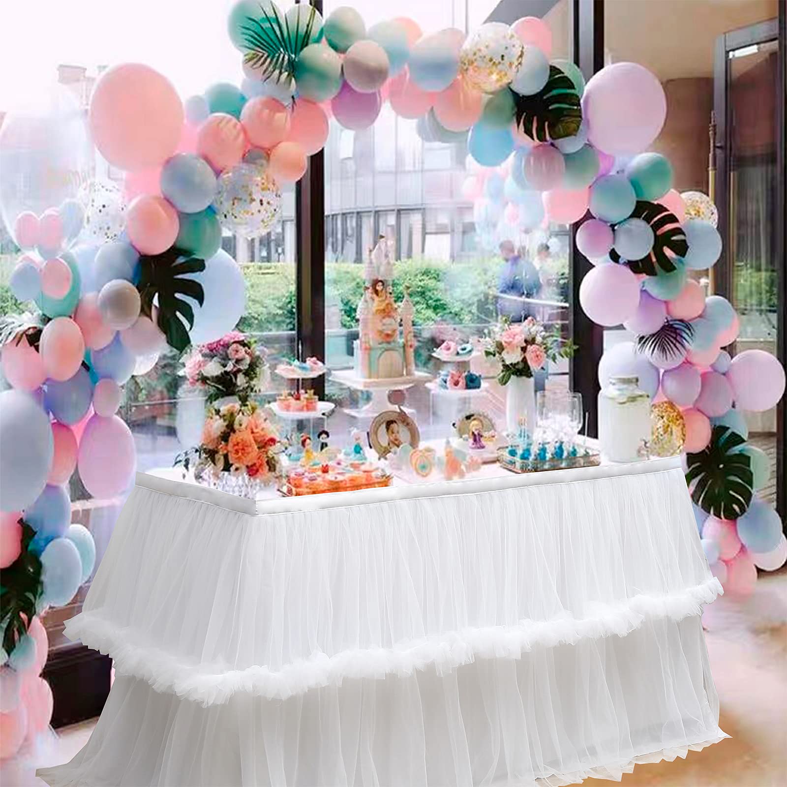 rismart Tulle Gonna Tavolo Tutu Gonne da Tavolo per Baby Shower Bianco,76 H x L 190 cm
