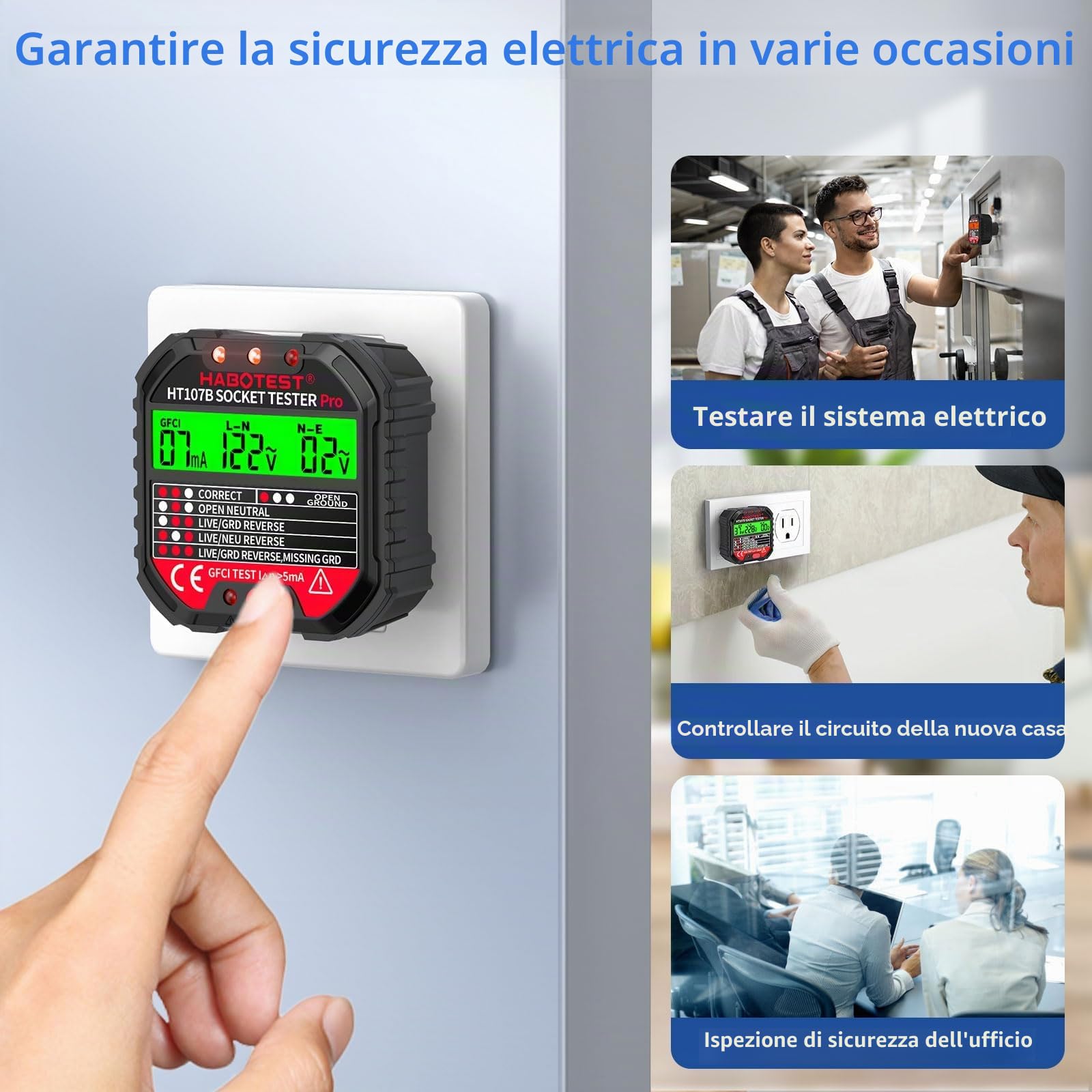 Tester per Circuiti Elettrici con Test RCD e Display LCD,6 Tipi di Diagnosi di Errore,Tester Prese Elettriche,Rilevatore di Tensione,Tester de Prese,Rilevatore Cavi Elettrici,CAT II 300V