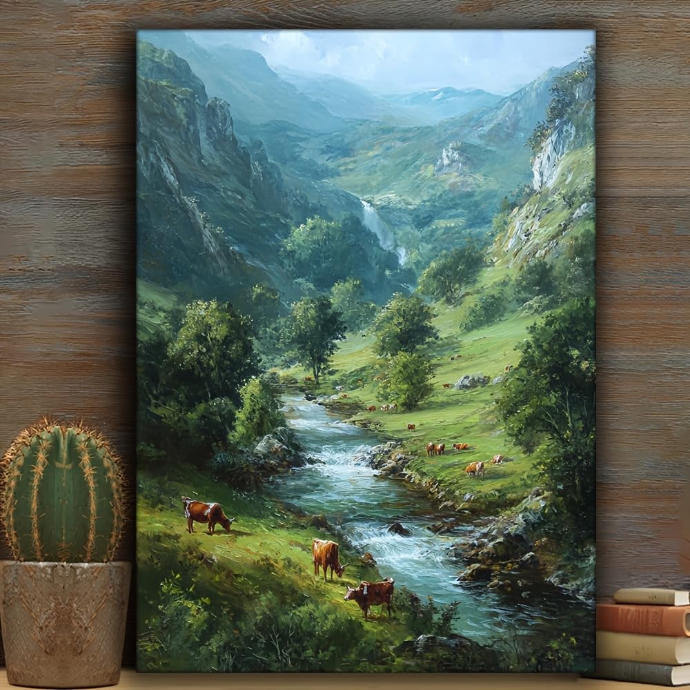 juanlianfenghua 1pc Canvas Wall Art, Mountains, Waterfalls and Herds of Cattle—Natural Scenery, for Living Room Office Decor(30x40cm/No frame)