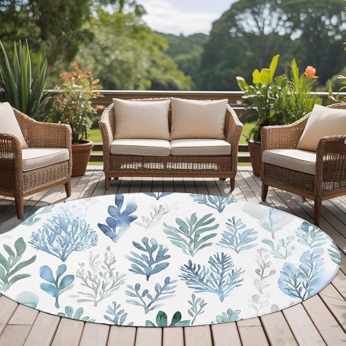 Miniatura 5 de 5ft Round Rug, Blue Green Botanical Non-Skid Rubber Backing Large Area Rugs - Living Room Bedroom Home Office, Retro Summer Watercolor Leaf Plant