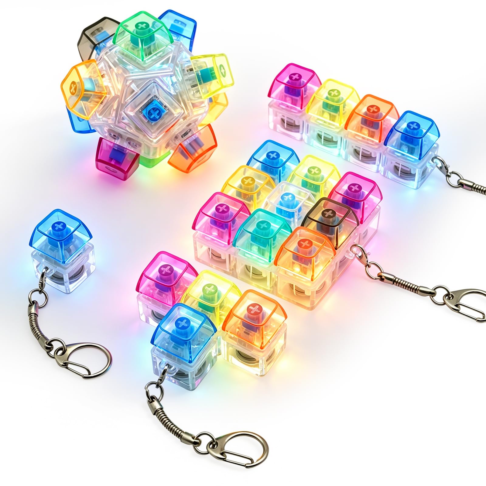 Clicker Fidget Keyboard Keychain with Colorful Led, 5 Styles Fidget Toy Keyboard, Transparent Keycap Crystal Decoration, Portable LED-Fidget Toy for