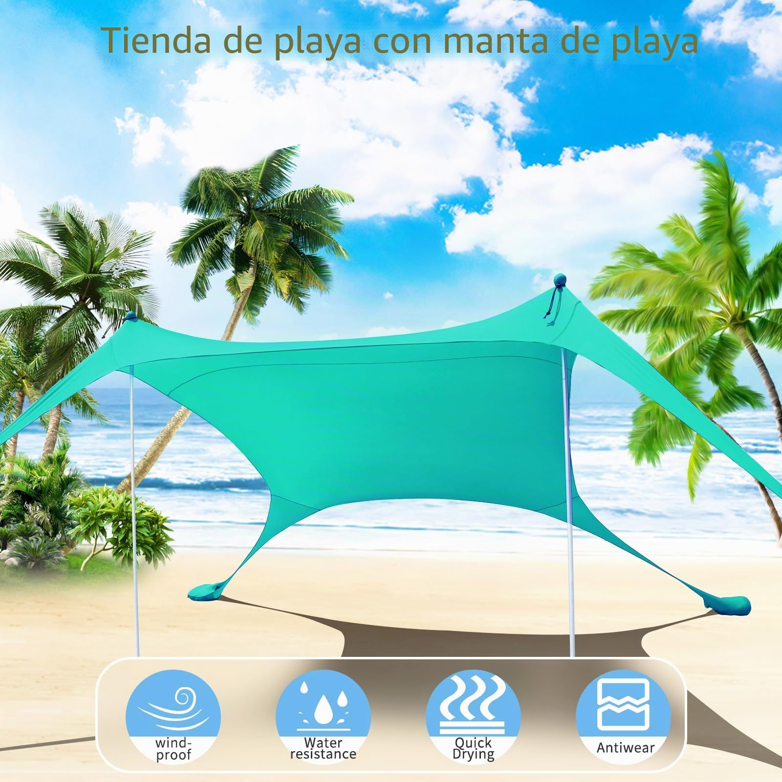 Tienda de campaña de playa, 2 x 2,1 m, protección y solar de licra, antiviento, patio trasero con manta de playa