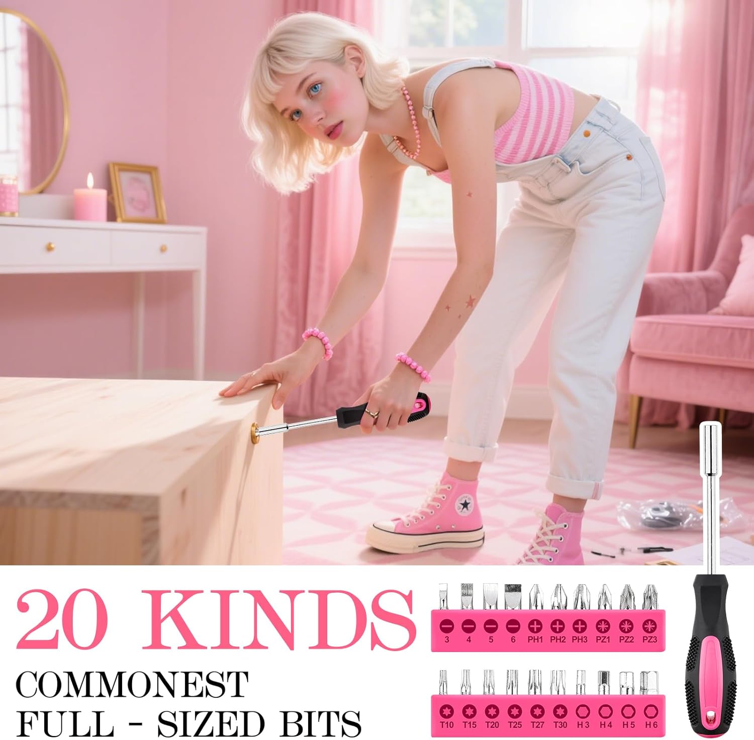 Tool Set, Mini Tool Kit, 49-Piece Household Pink Small Basic Home, Tool Set with Plastic Toolbox Tool Kit for Dorm, Great for Women,College Students, Household Use & More
