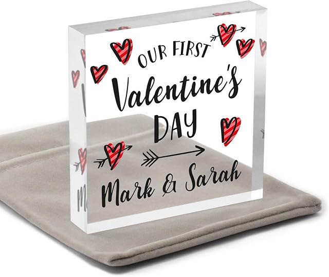 Our First Valentines Day Gifts for Boyfriend Girlfriend - PERSONALISED 1st First Valentines Day Keepsake Present for Him, Her, Husband, Wife - Paperweight Gift for Valentines - With Grey Bag