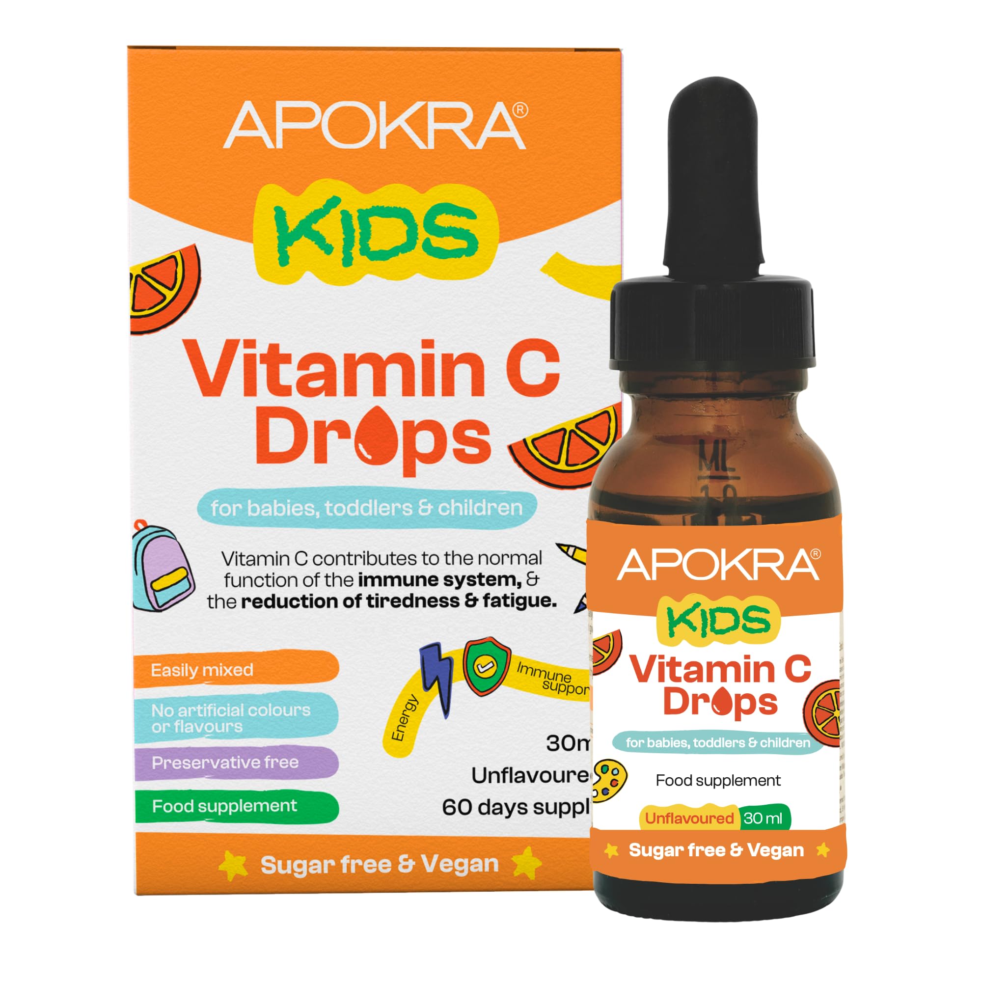 APOKRA Vitamin C Drops - Vegan - 60 Days Supply – 30mL – Preservative Free and Sugar Free Vitamin C for Kids - VIT C 25mg per 0.5mL | Memoraid Kids