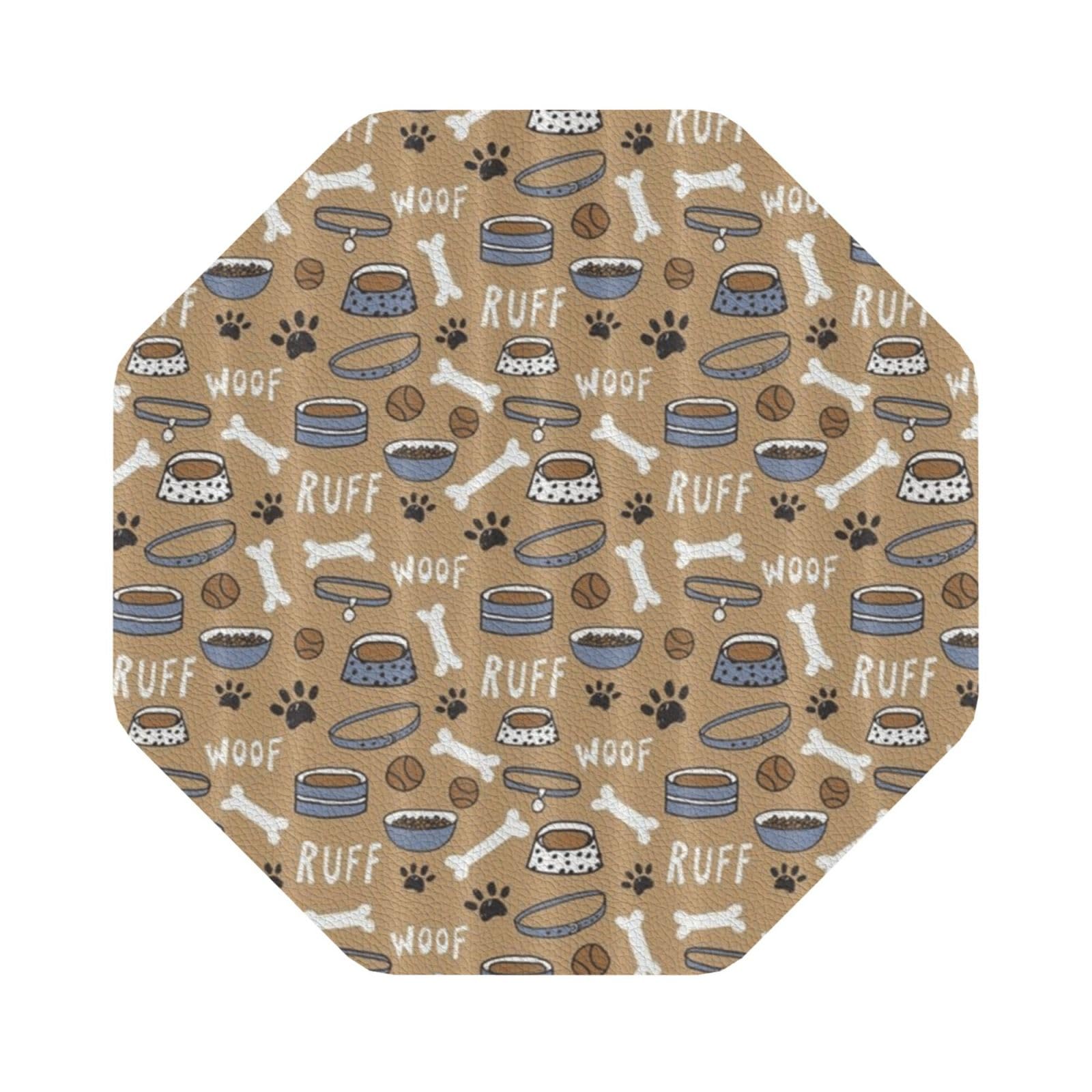 Cute Dog Bone Bowl Woof Paw PU Leather Coasters Set of 6 Octagon Drink Coasters