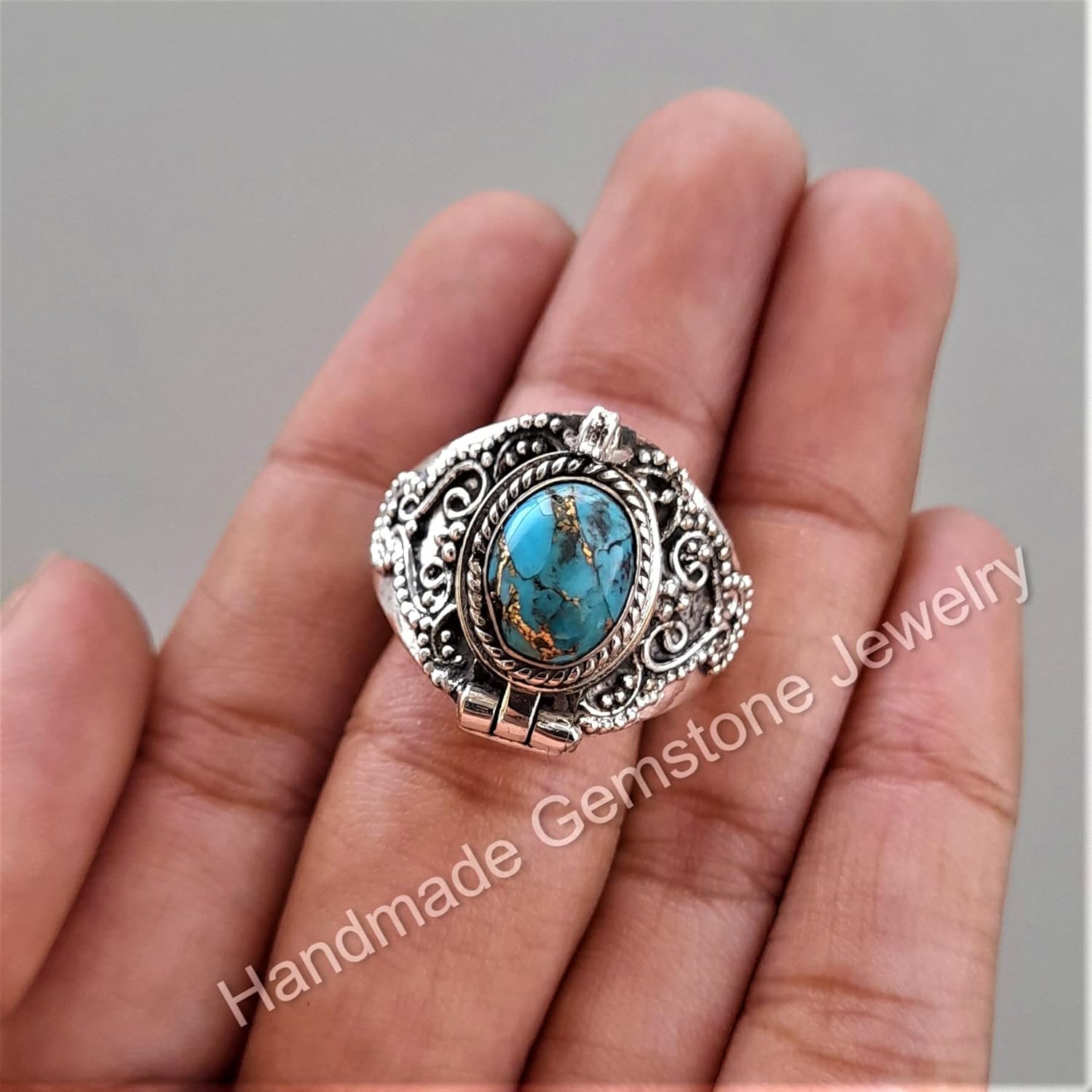 Blue Copper Turquoise Ring| Poison Pillbox Ring| Antique Poison Ring| Mojave Turquoise Ring| Oval Stone Ring| Openable Ring| Snuff Ring| Secret Message Ring| Turquoise Jewelry