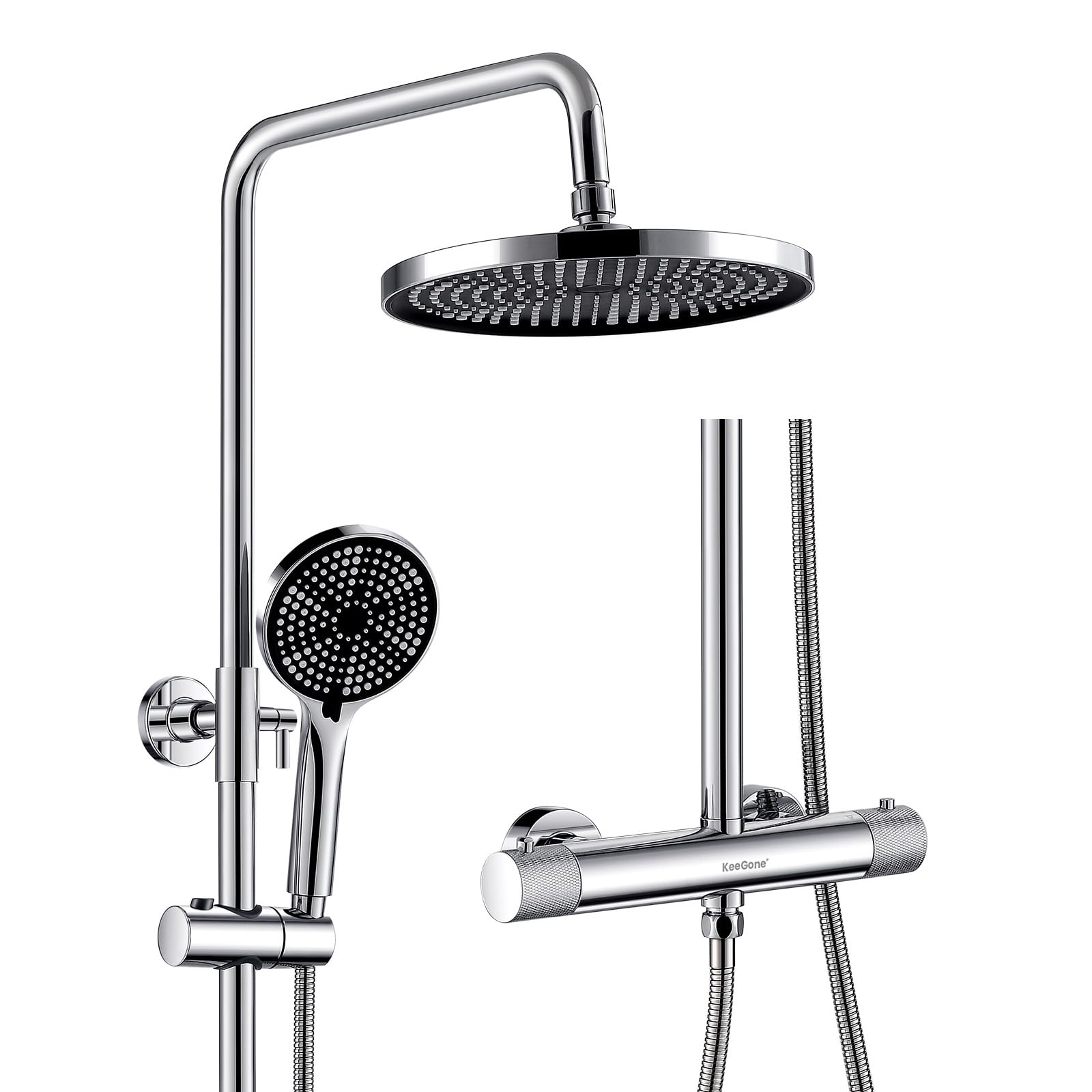 Duschsystem Komplettset Mit Thermostat 25cm Regendusche & 3 Strahlarten-Handbrause Thermostat mit rutschfestem Drehknopf & Anti-Verbrühung Höhenverstellbar Edelstahl Wassersparend