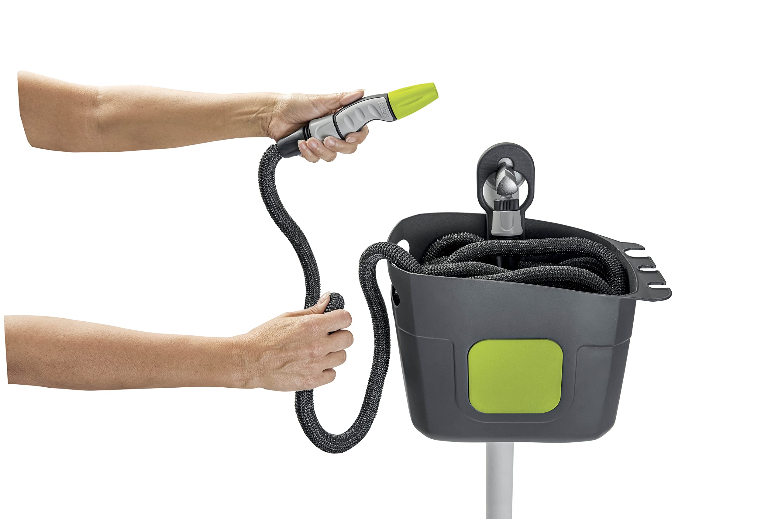 G.F. SRL Aquapop Grey Pro 15 - Tubo autoextensible de tela, fabricado en Italia, con recipiente de plástico, mini lanza y accesorios, para regar jardines y balcones, gris oscuro